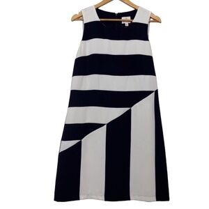 JULIE Brown New York nautical shift dress navy blue white stripe sleeveless 12